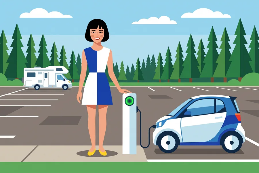 Drawn illustration: the guide's character stands by a white charging post plugged into a small electric car in a parking lot, a motorhome and spruce forest behind.