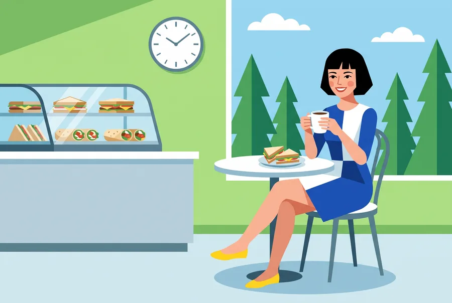 Drawn illustration: the guide's character sits at a small round table with a coffee and a sandwich, beside a deli case and a wall clock, spruce trees in the window.
