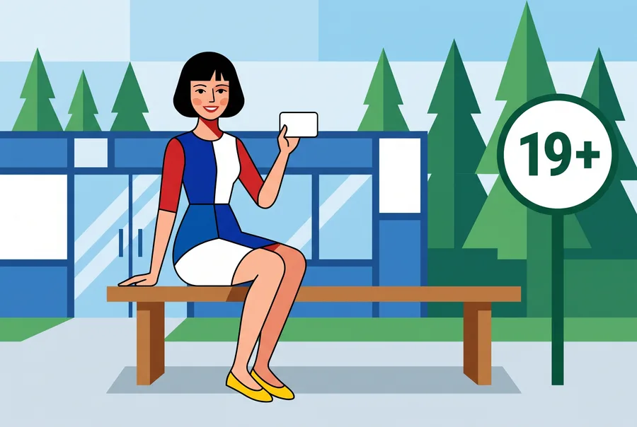 Drawn illustration: the guide's character sits on a wooden bench outside glass doors, holding up a blank membership card, next to a round sign that reads 19+.