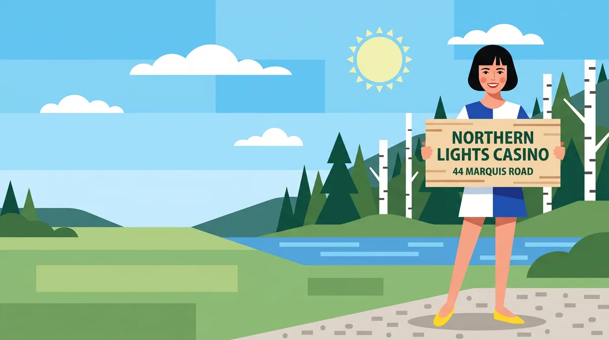 Drawn illustration: the guide's character, a young woman in a cobalt and white mini dress, stands on a gravel path by a spruce forest and a river, holding a wooden sign that reads Northern Lights Casino, 44 Marquis Road.